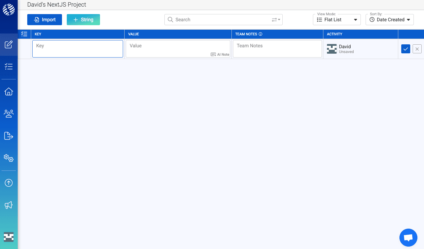 The i18nexus string editor with the + String button and fields for a key and value