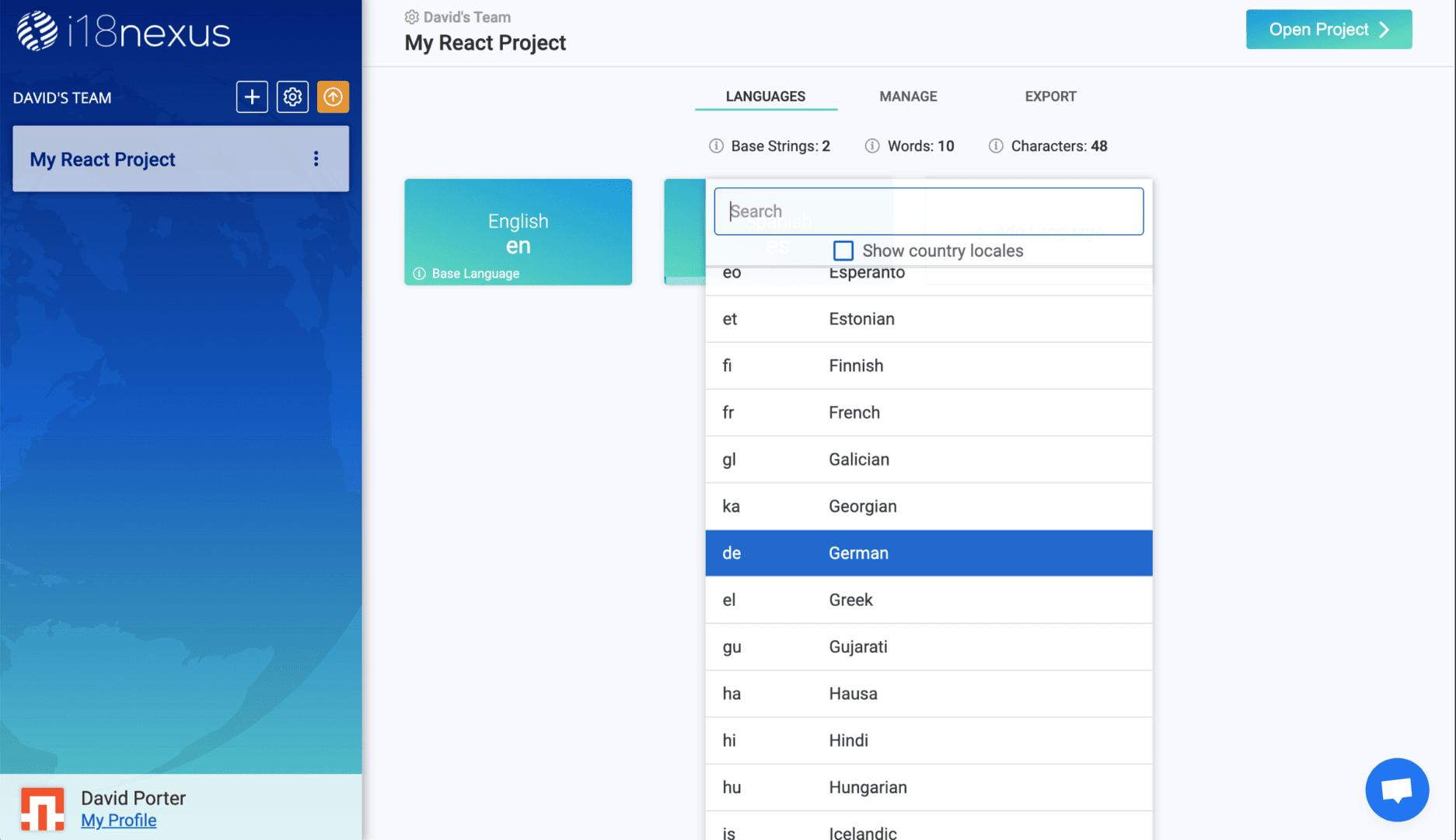 Adding German to my i18nexus project in the project dashboard