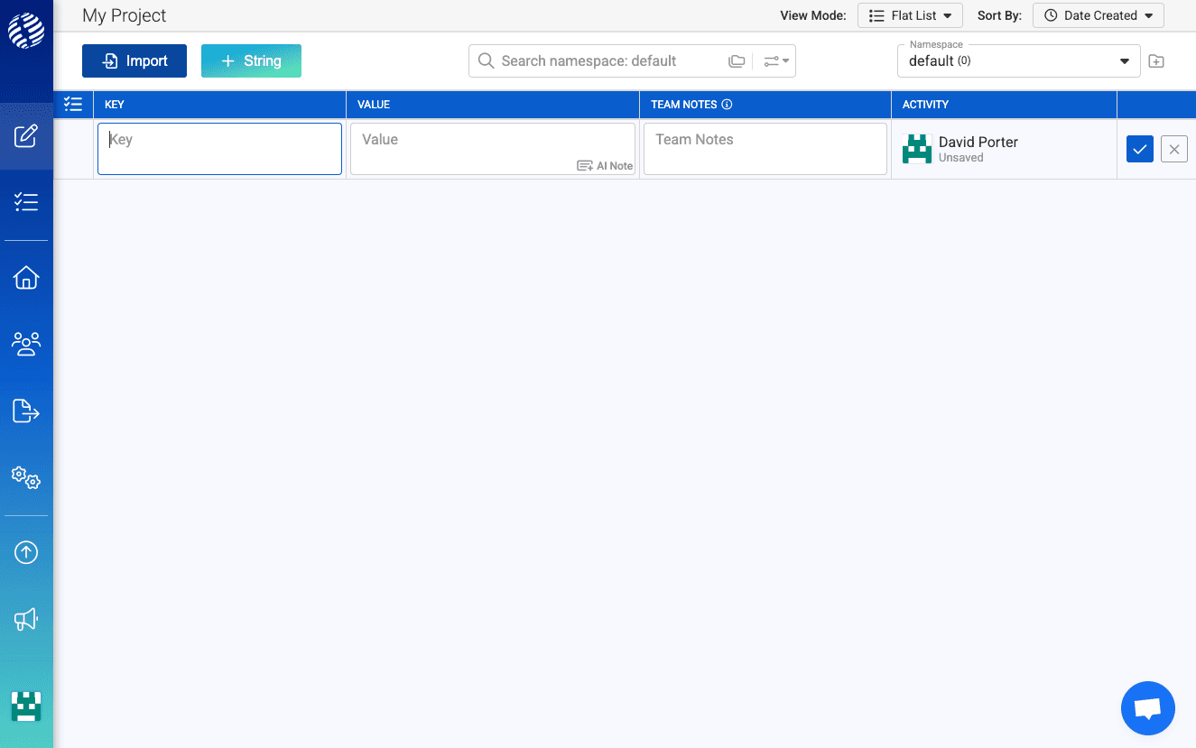 The i18nexus string editor with the + String button and fields for a key and value