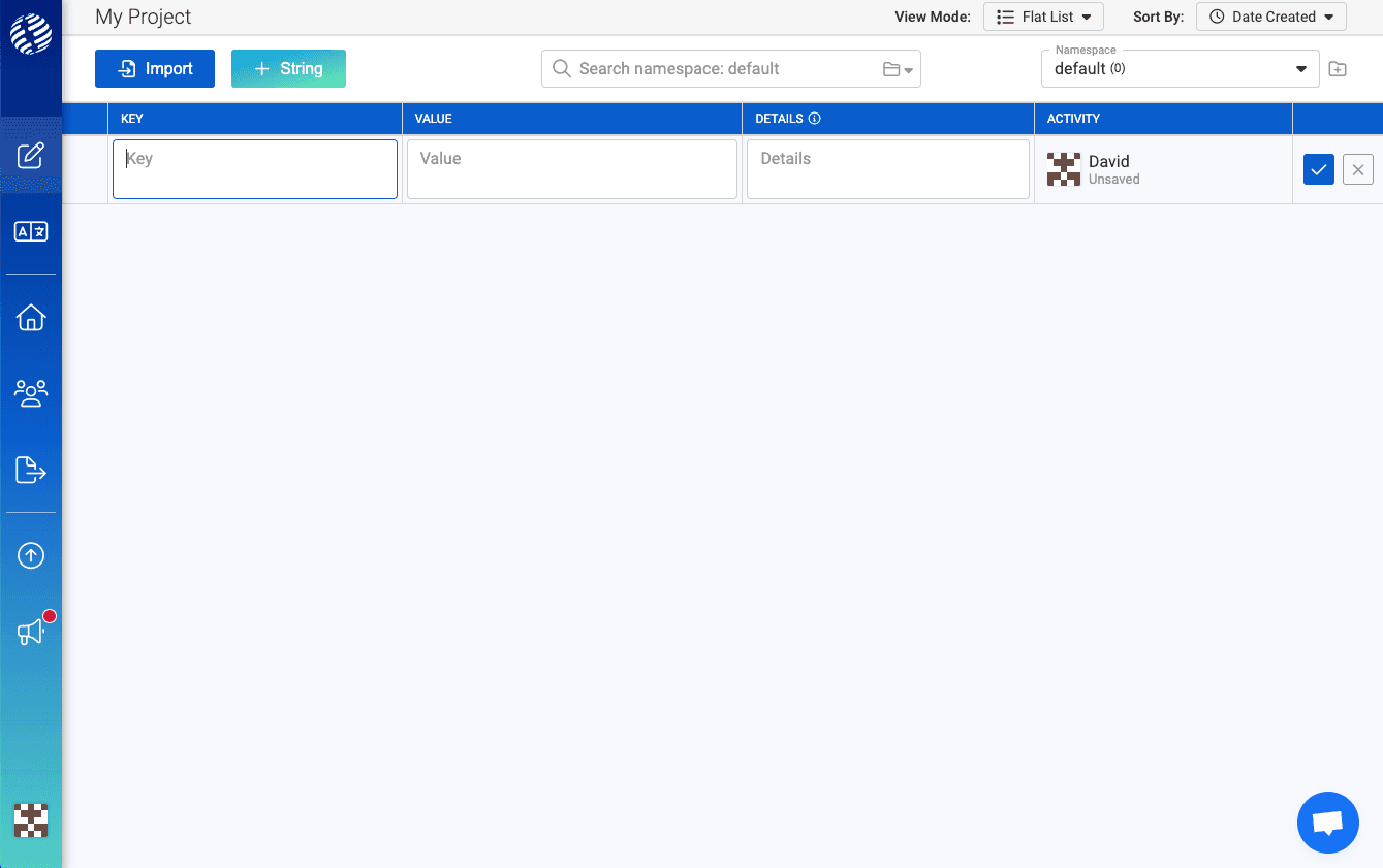 i18nexus Strings Management page showing three input fields.