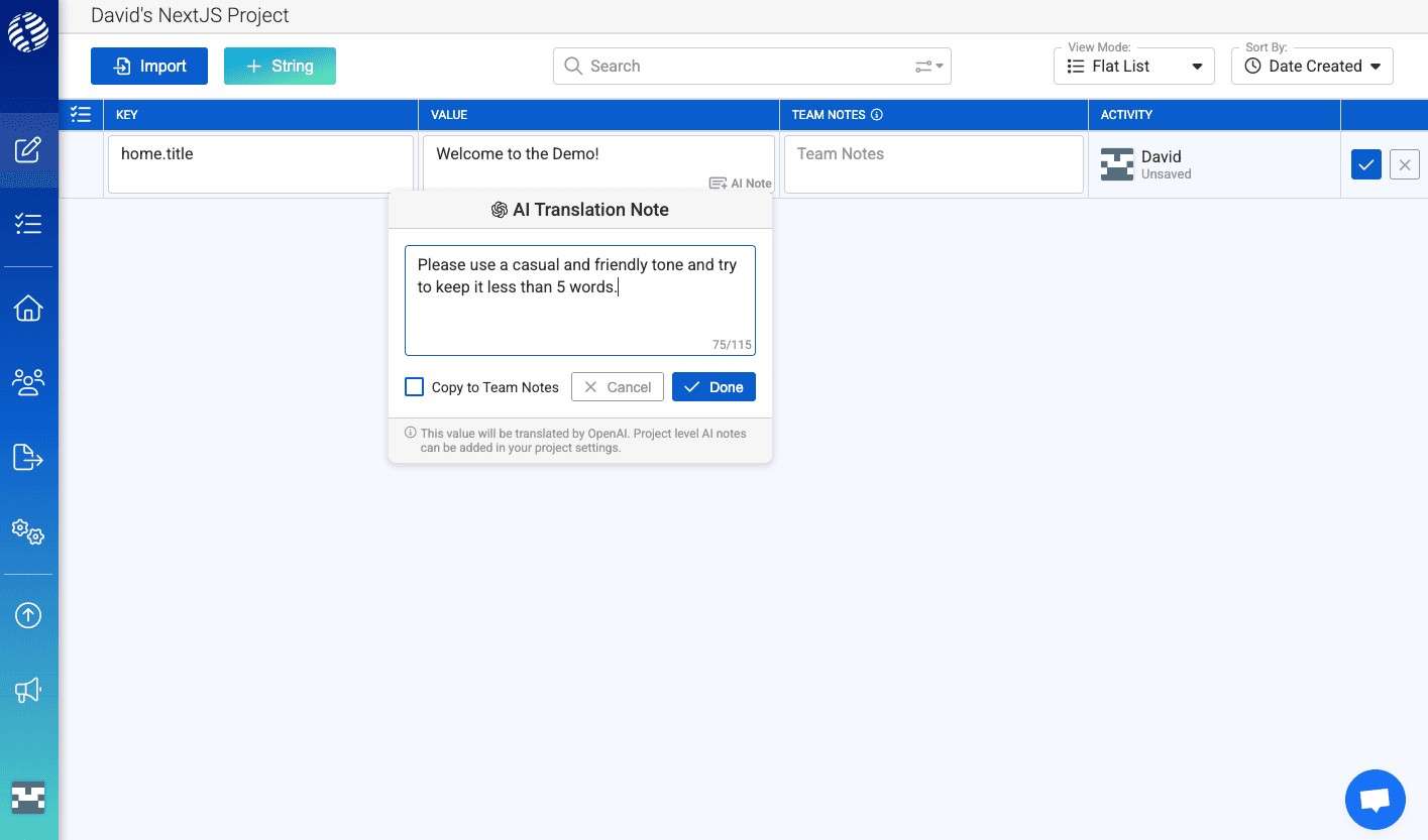 Using the AI Note feature to provide instructions to the AI Translator