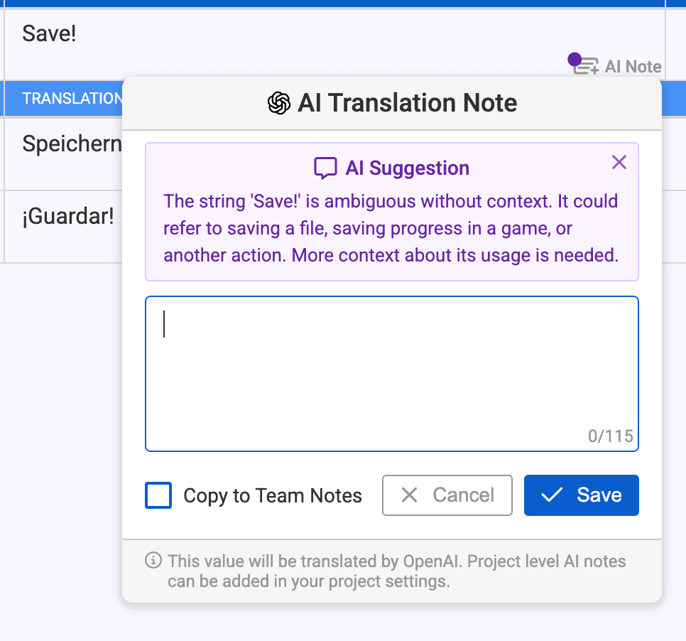 AI translator asking for more context about the value