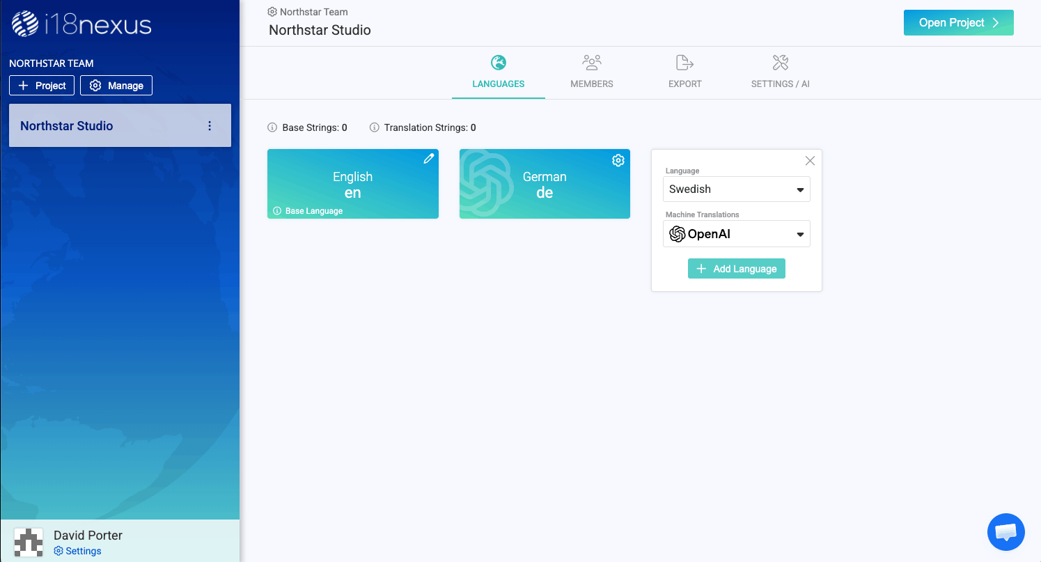 i18nexus language dashboard showing English and German configured, with Swedish being added.