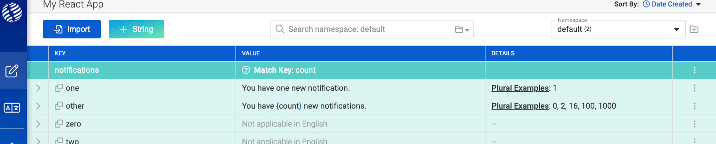 Plural Set shown with the 'one' string changed to 'You have one new notification'