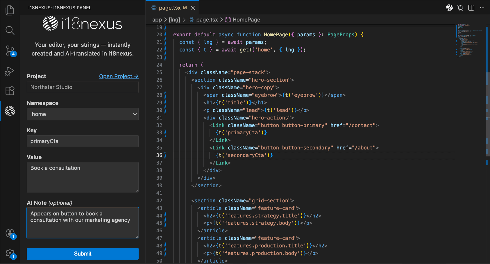 VS Code showing the i18nexus extension creating a string from the editor with an AI note.