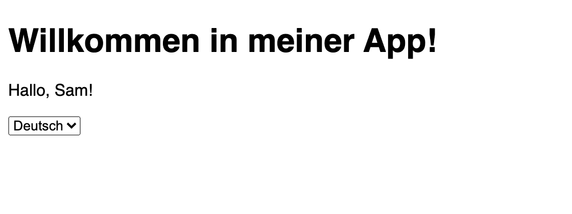 The tutorial app showing Willkommen in meiner App!, Hallo, Sam!, and Deutsch selected
