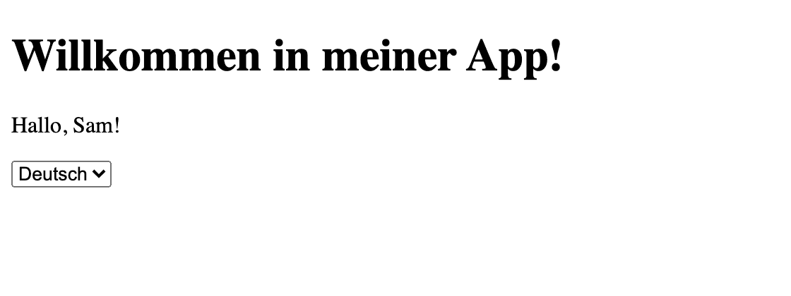 The tutorial app showing Willkommen in meiner App!, Hallo, Sam!, and Deutsch selected