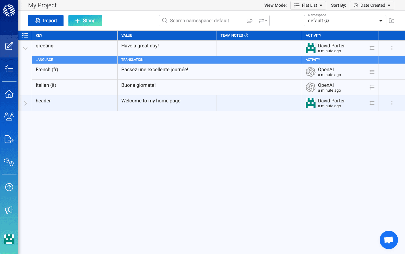 i18nexus Strings Management page showing two strings with their translations