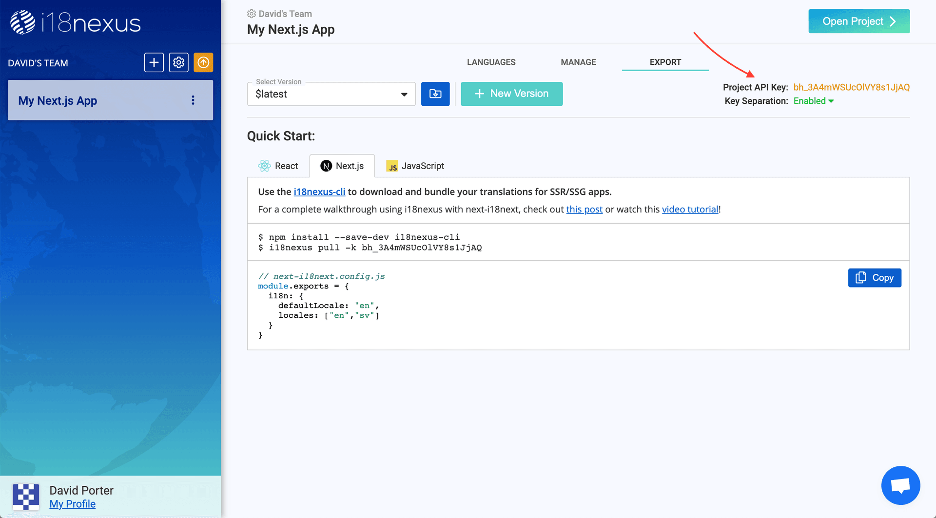 i18nexus Export page with code snippet and API key