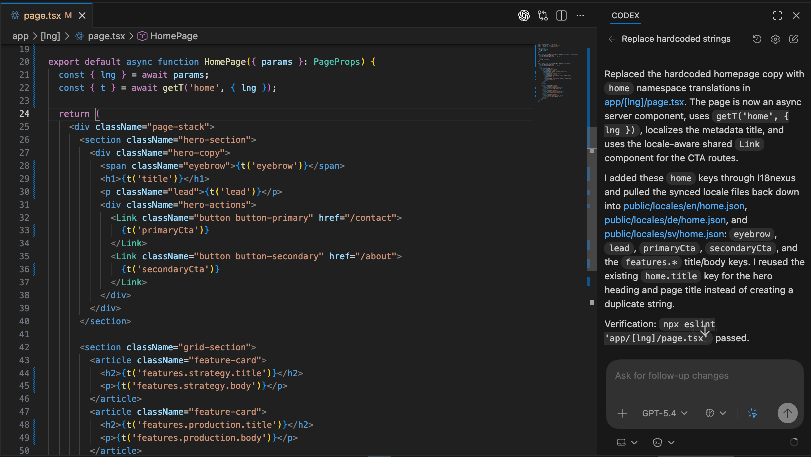 Editor view showing a Codex prompt alongside the page code updated with translation keys.