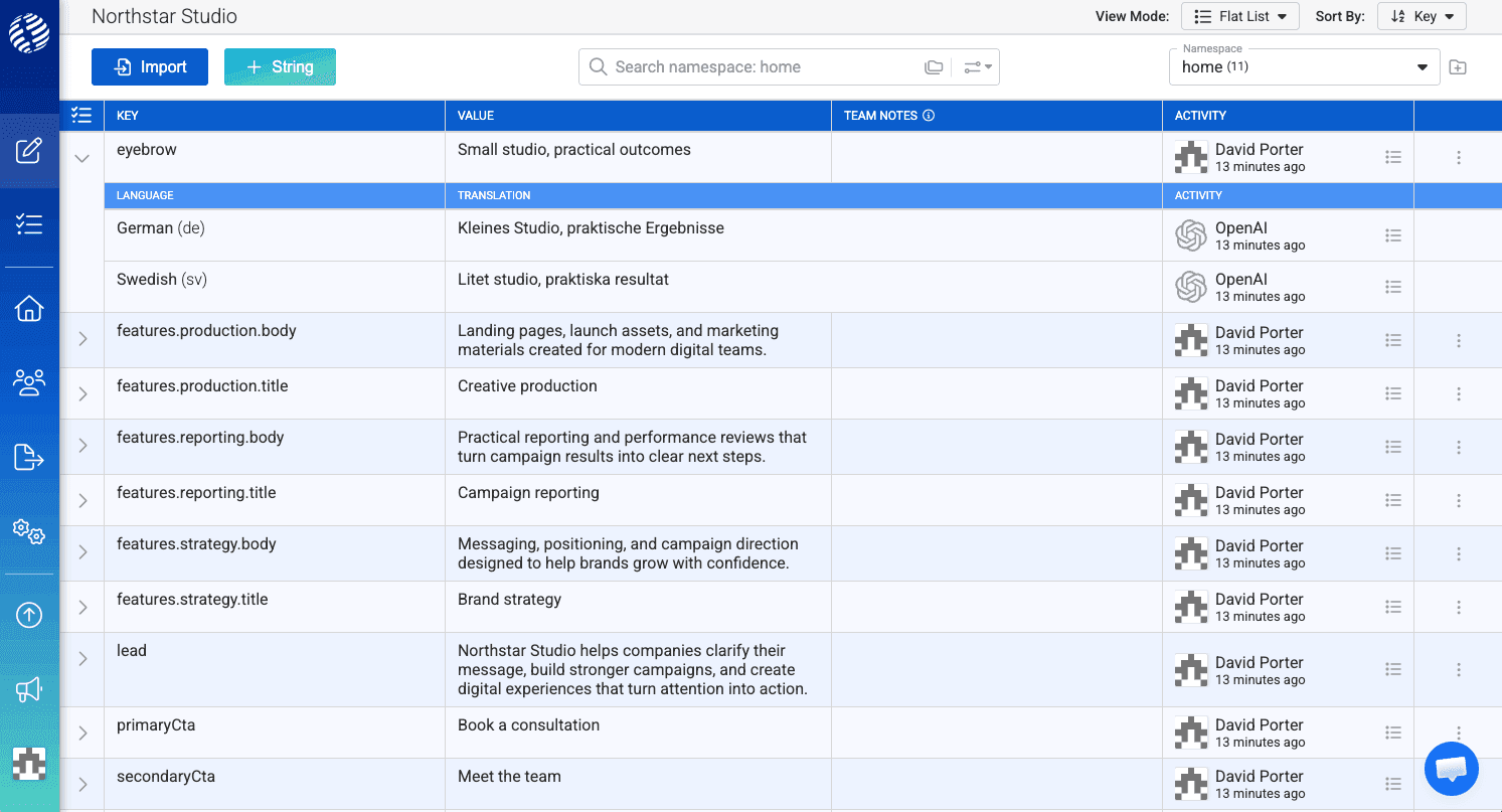 i18nexus dashboard showing the generated home namespace strings and translated entries.