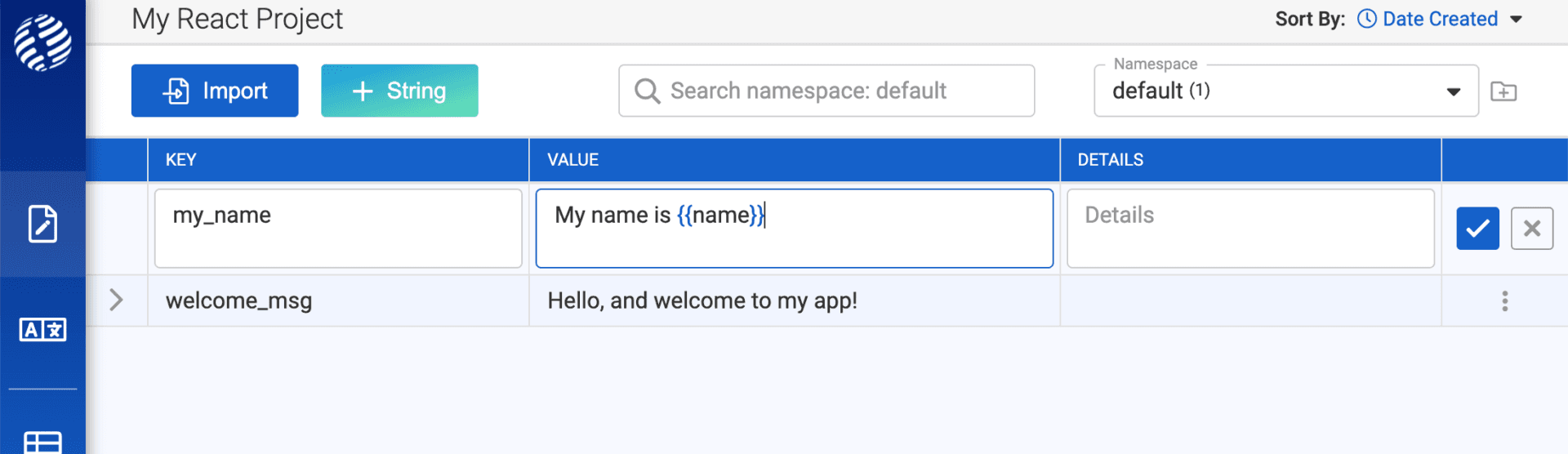 Adding a string that uses interpolation in the i18nexus Strings Management page