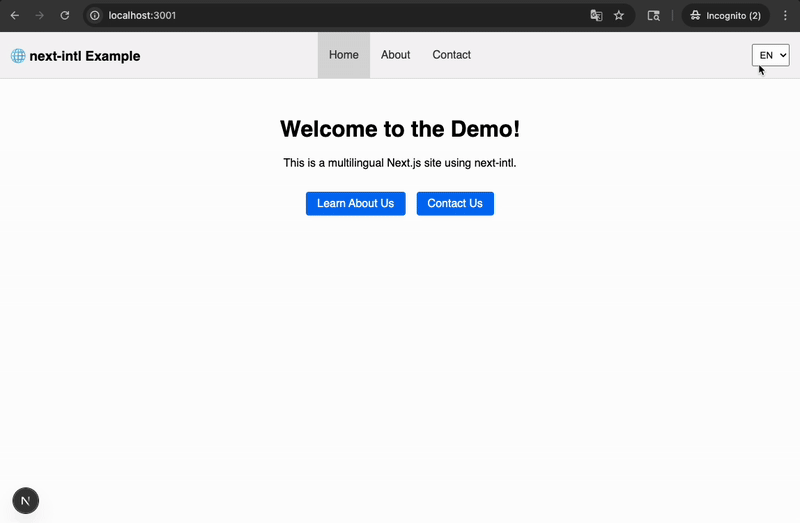 A fully internationalized page changing languages with an HTML select element