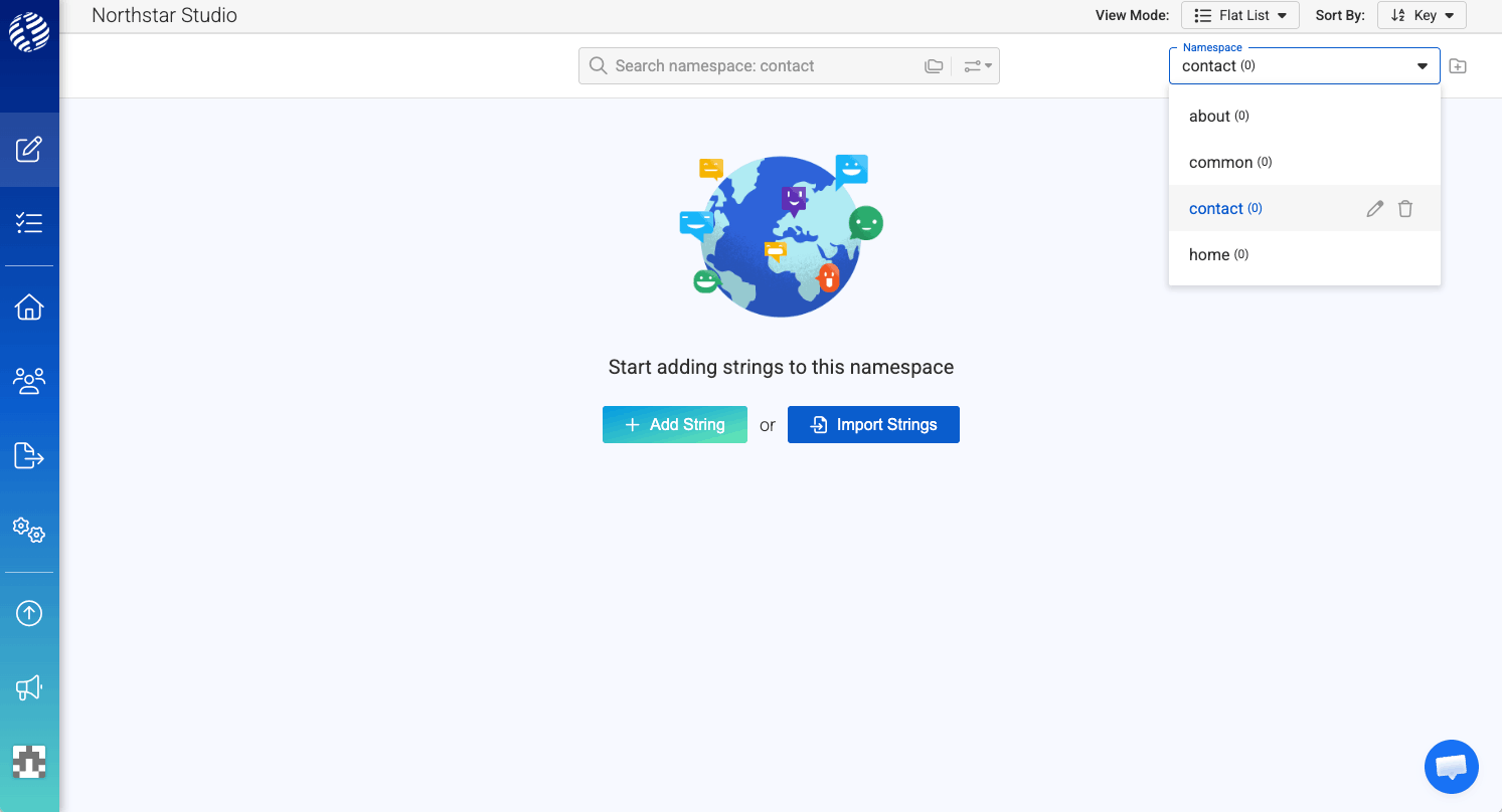 i18nexus namespace selector showing the app namespaces including common, home, about, and contact.