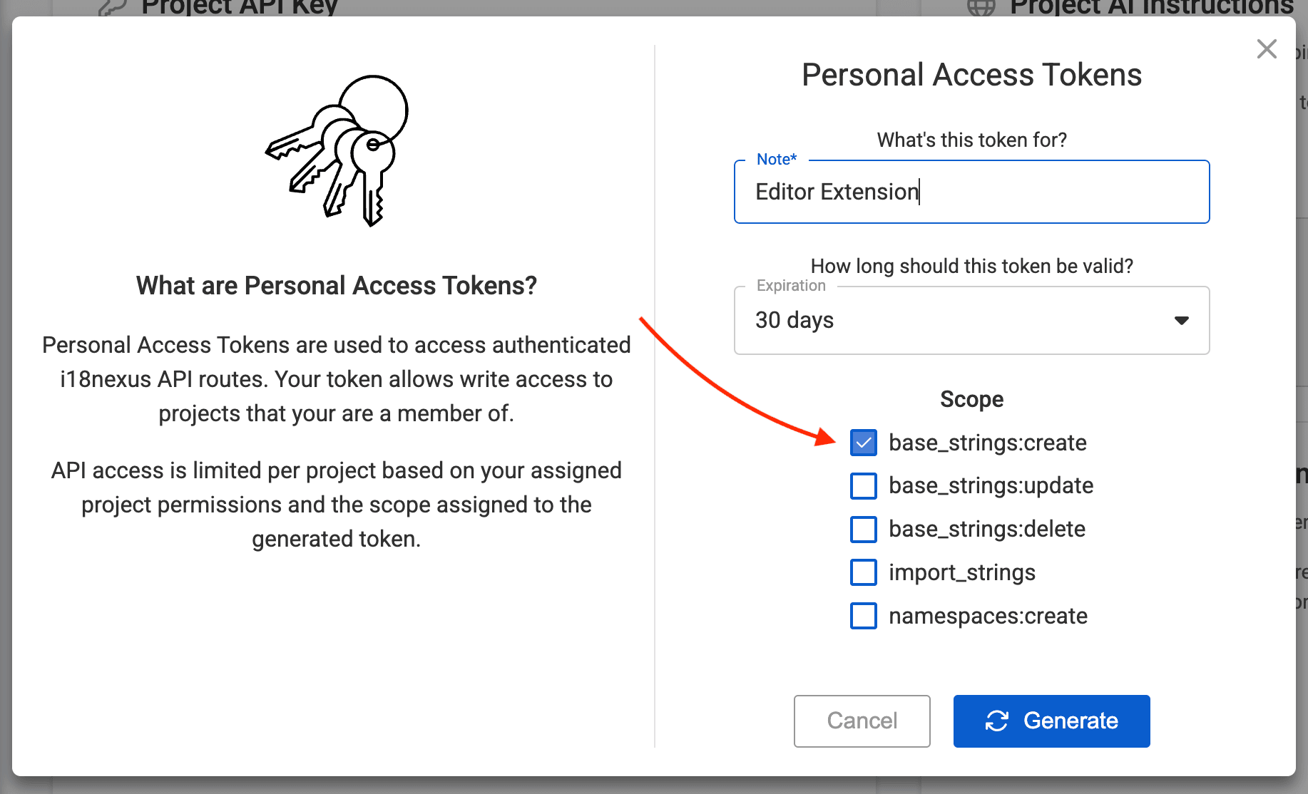 Creating a personal access token with base_strings:create scope