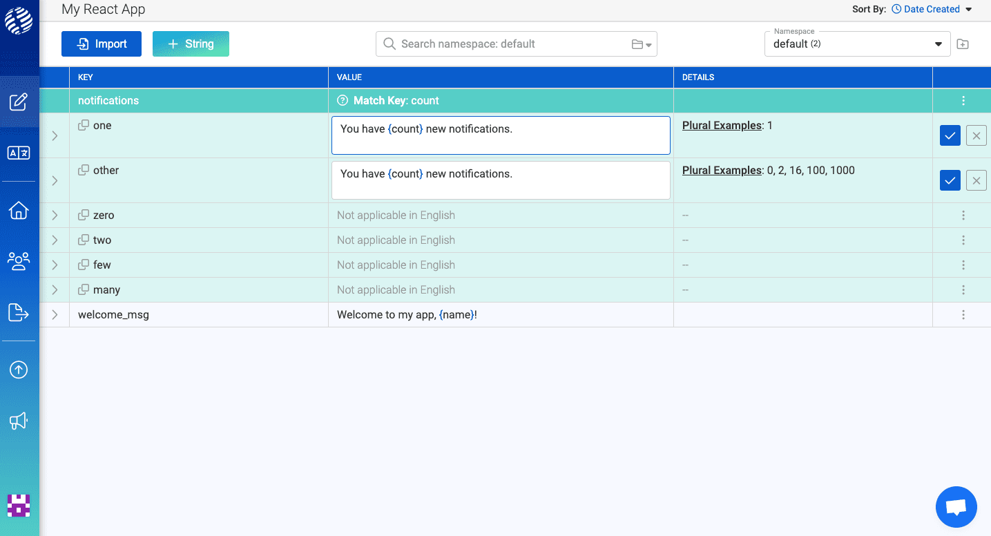 After converting the string to a Plural set, we see one string row per plural form