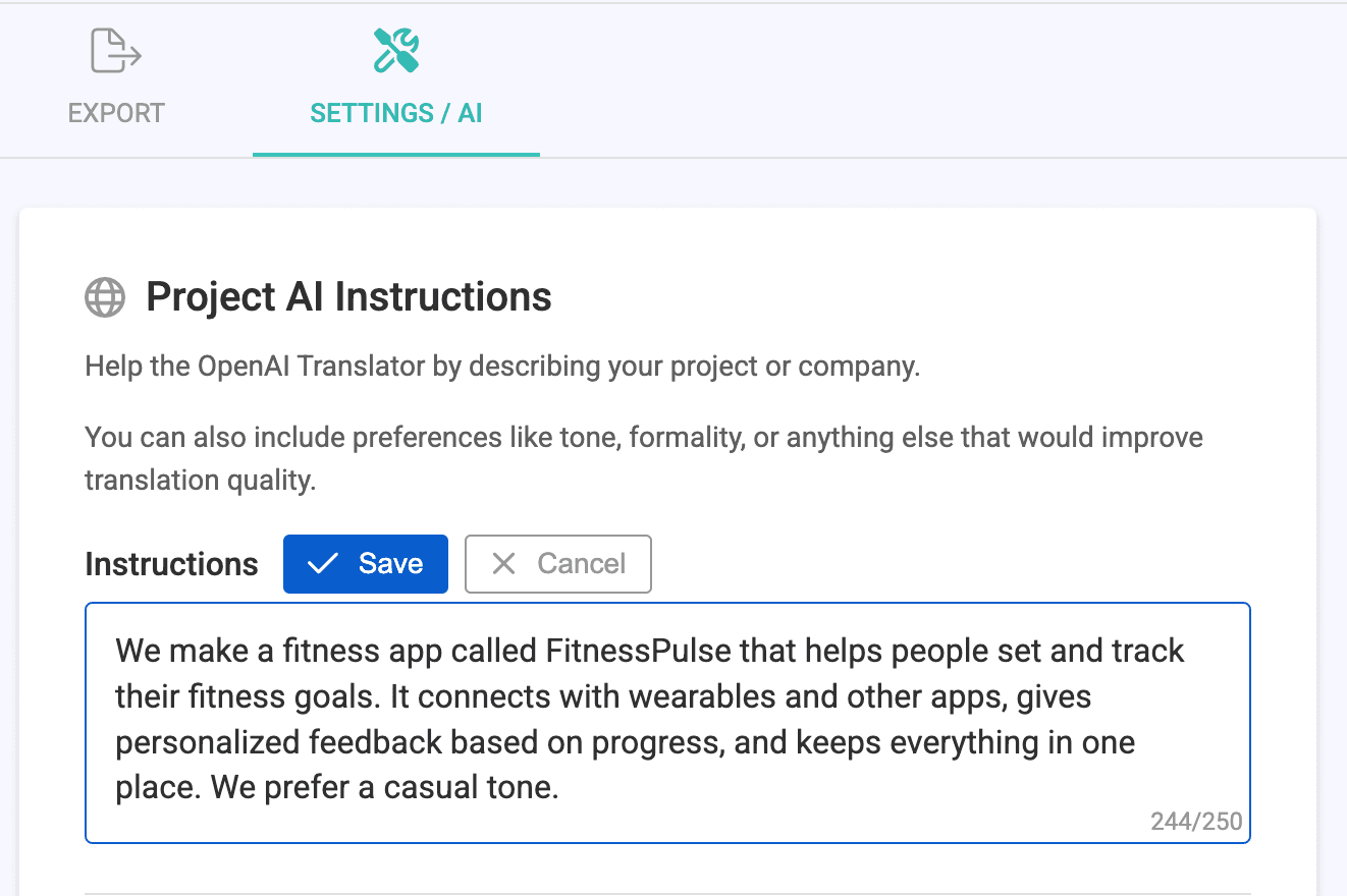 A textbox to enter project-level context
