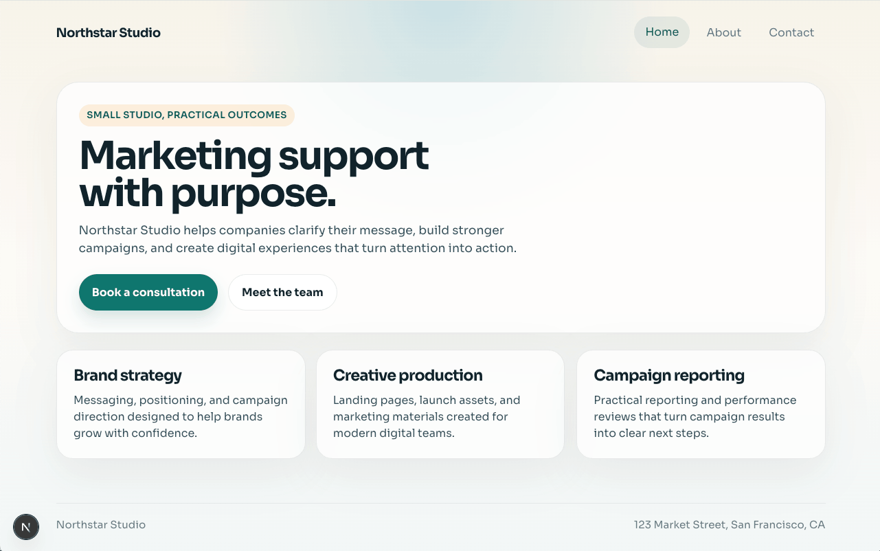Preview of the example Northstar Studio project with home, about, and contact navigation.