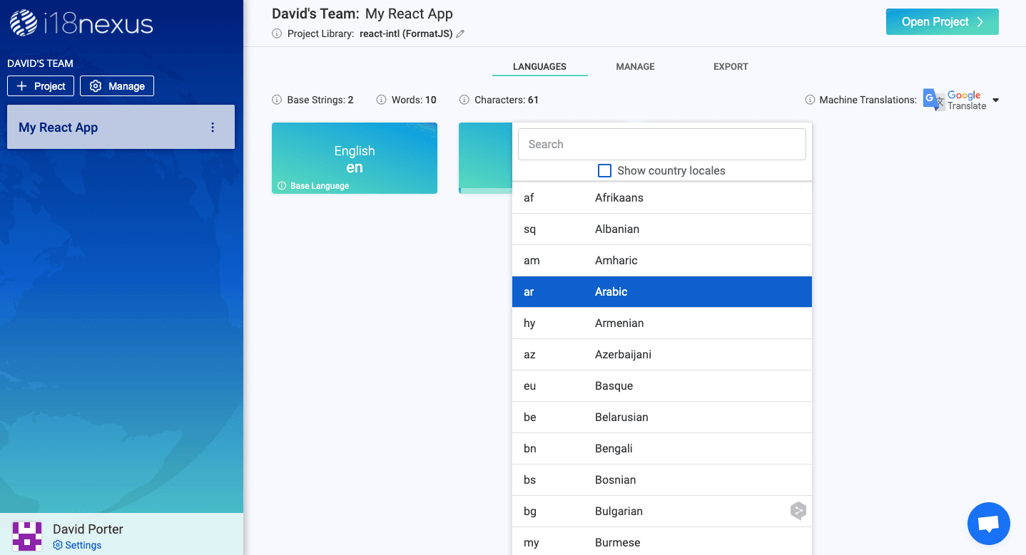 Selecting languages to add to our project