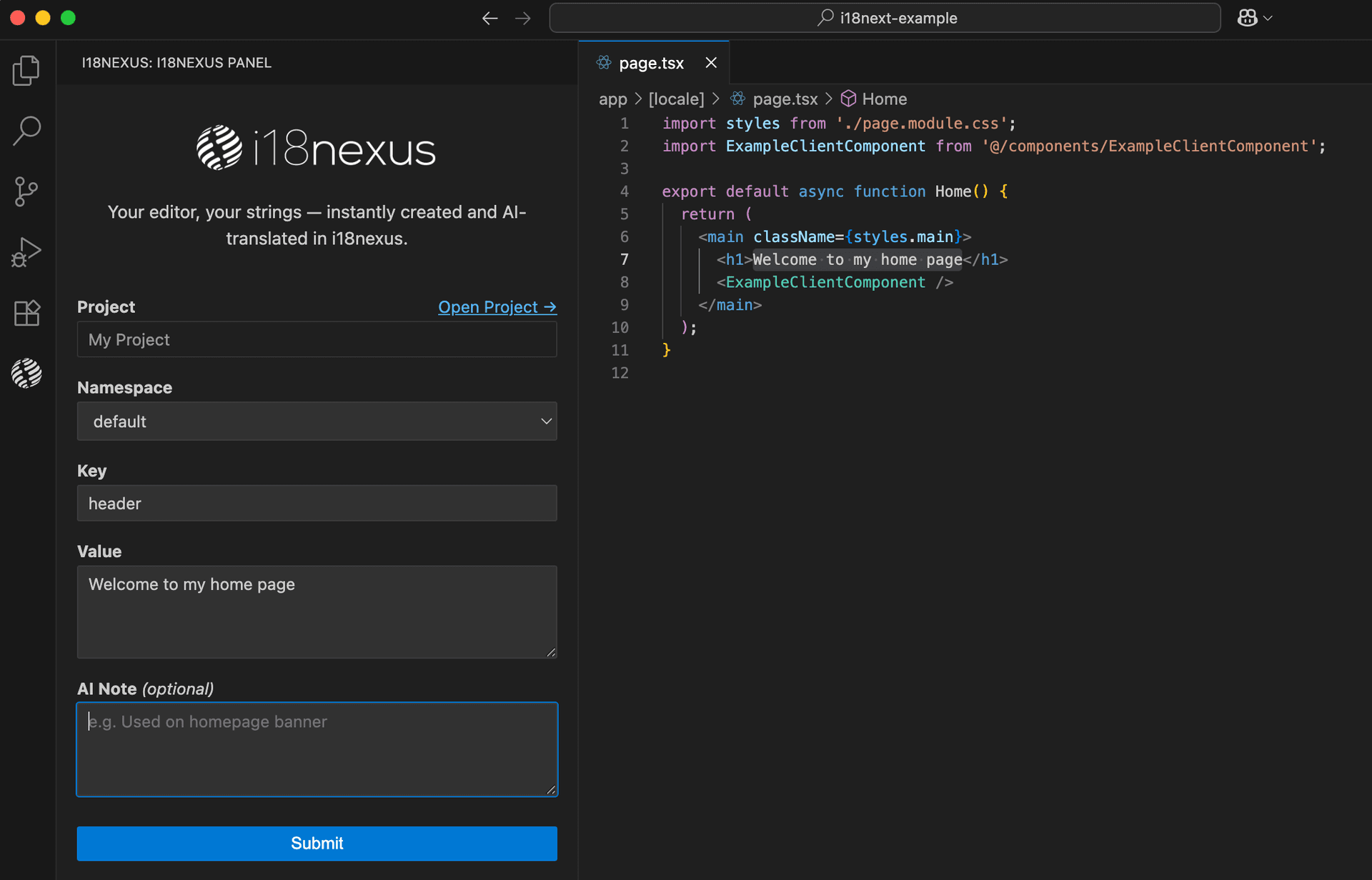 i18nexus Strings Management page showing two strings with their translations
