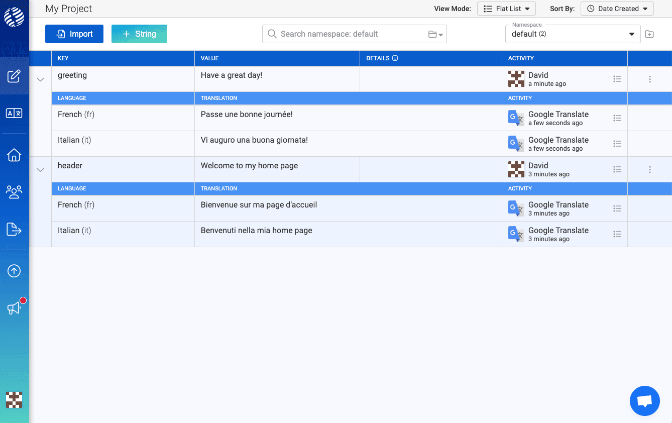 i18nexus Strings Management page showing two strings with their translations