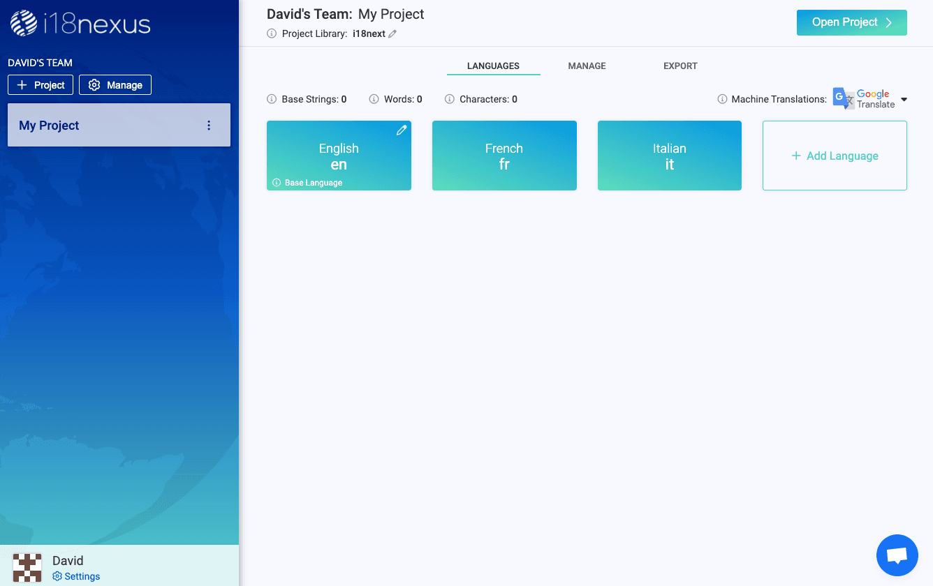 i18nexus Language Dashboard with English, French, and Italian tiles