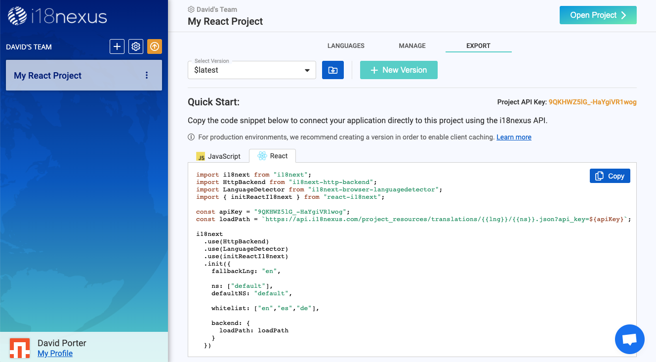 Export section of dashboard showing react-i18next code snippet